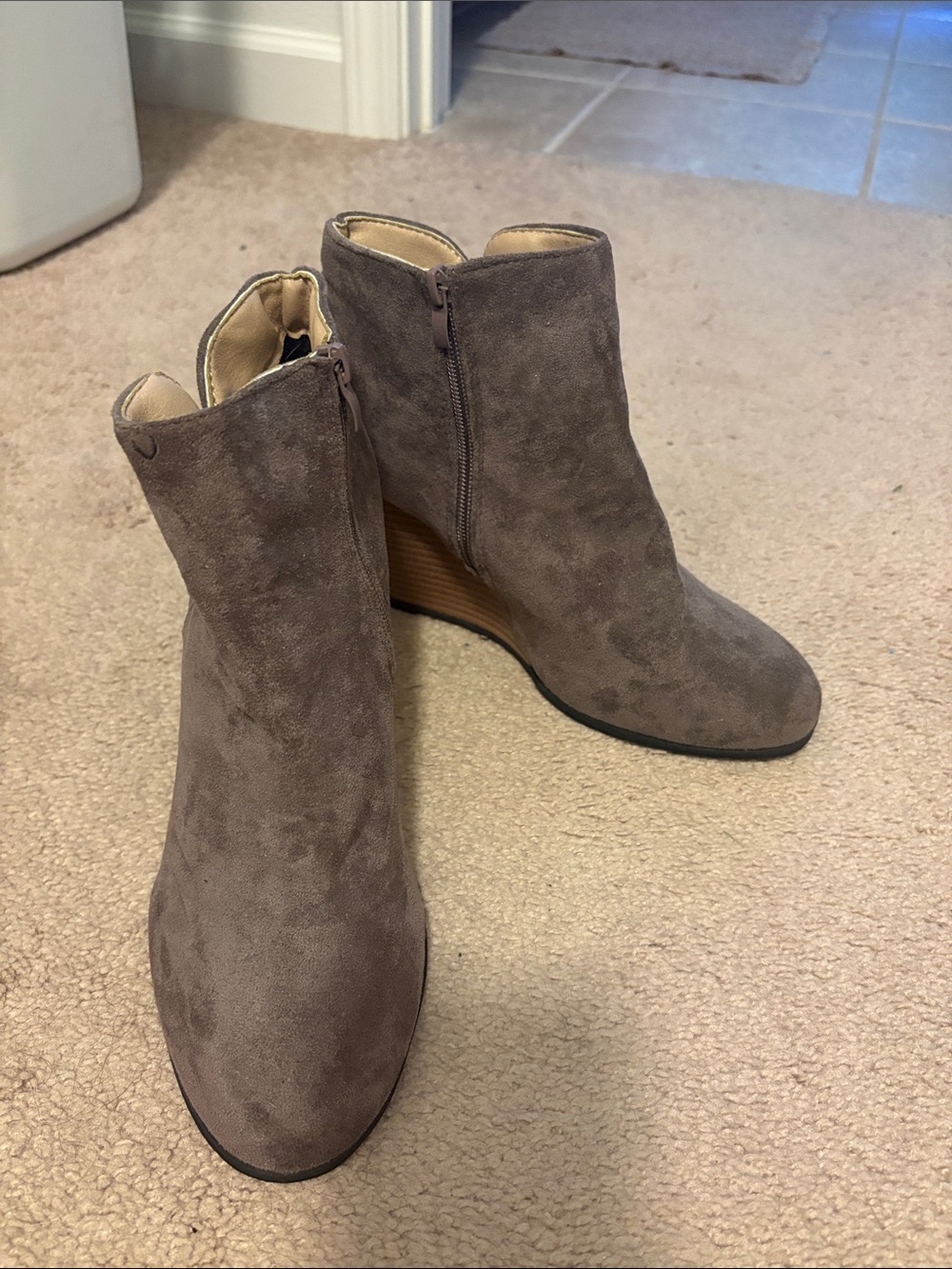 Women's Gray Suede Wedge Ankle Booties with Side Zip